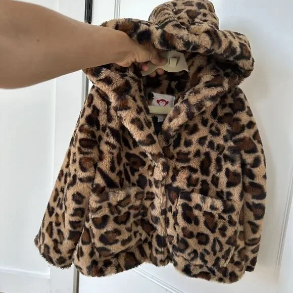 Appaman Girls Cleo Tan  Black Leopard Faux Fur Hooded Teddy Coat‎ Jacket Size 4 - Picture 7 of 14
